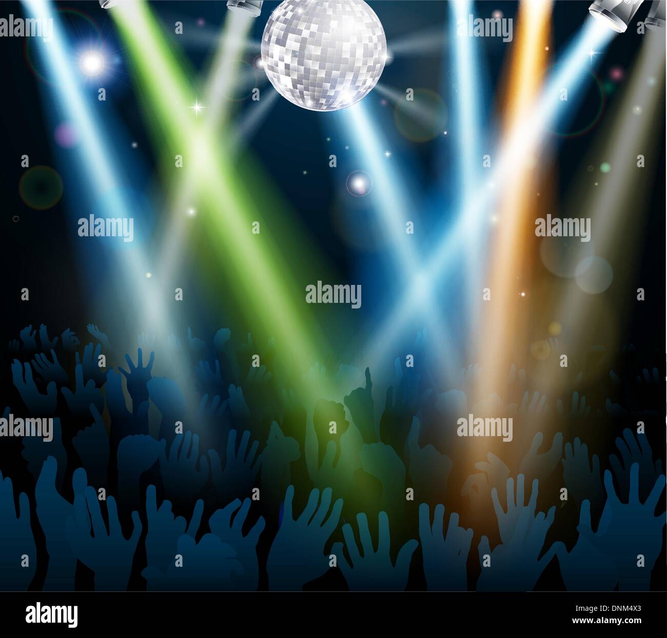 Bei einem Konzert oder auf einer Disco Disco Tanzfläche mit Händen bis unter eine Spiegelkugel mit Lichtern tanzende Menge Stock Vektor