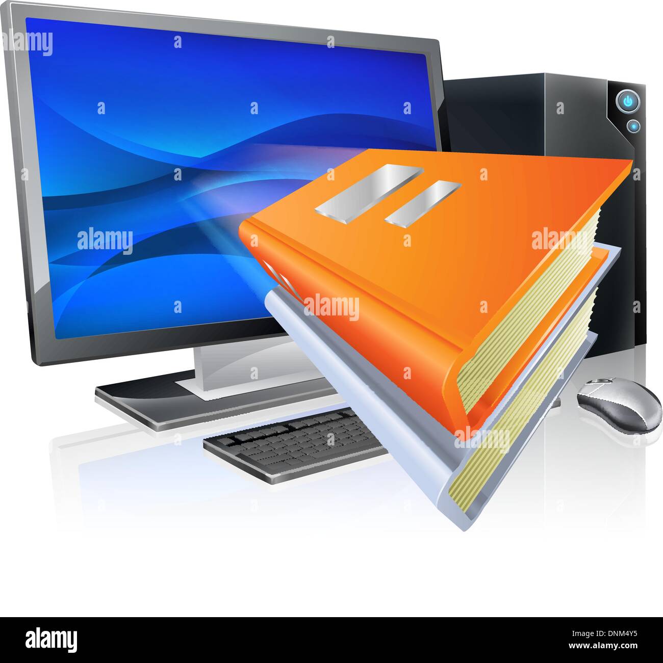 Ein e-Learning Computer Buch Bildungskonzept, Buchsymbole herausfliegen einen Desktop-PC. Könnte auch auf e-Books als wir beziehen. Stock Vektor