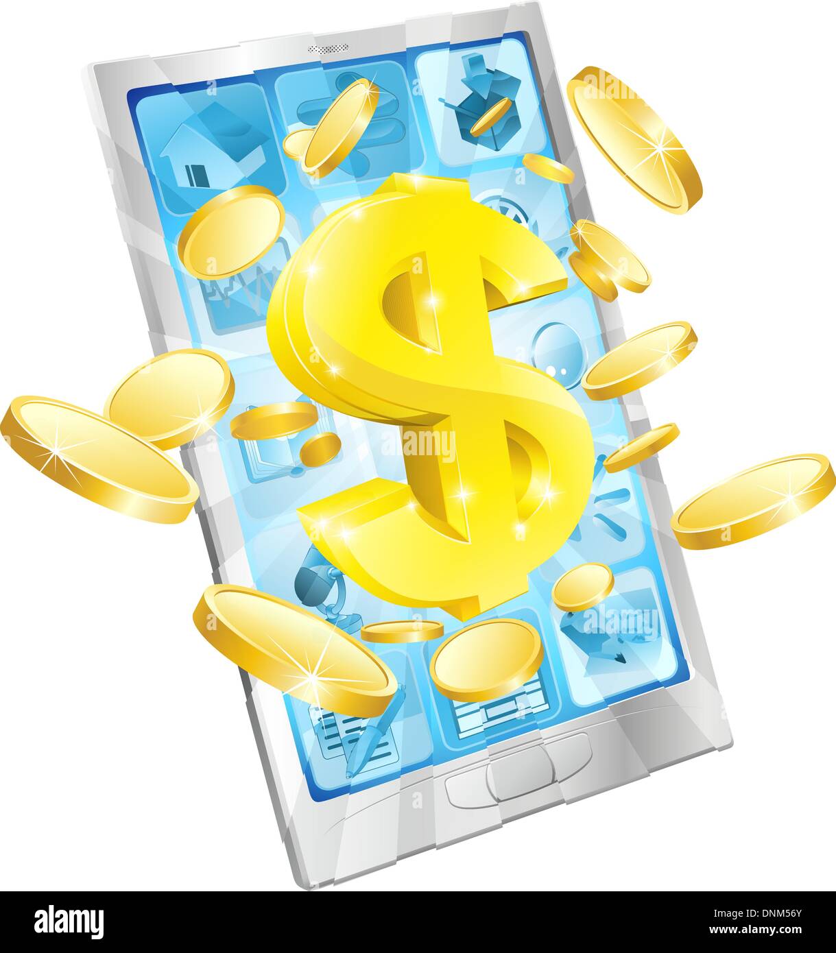 Dollar Geld Handy Konzept Illustration des Handy mit Münzen und gold dollar Stock Vektor