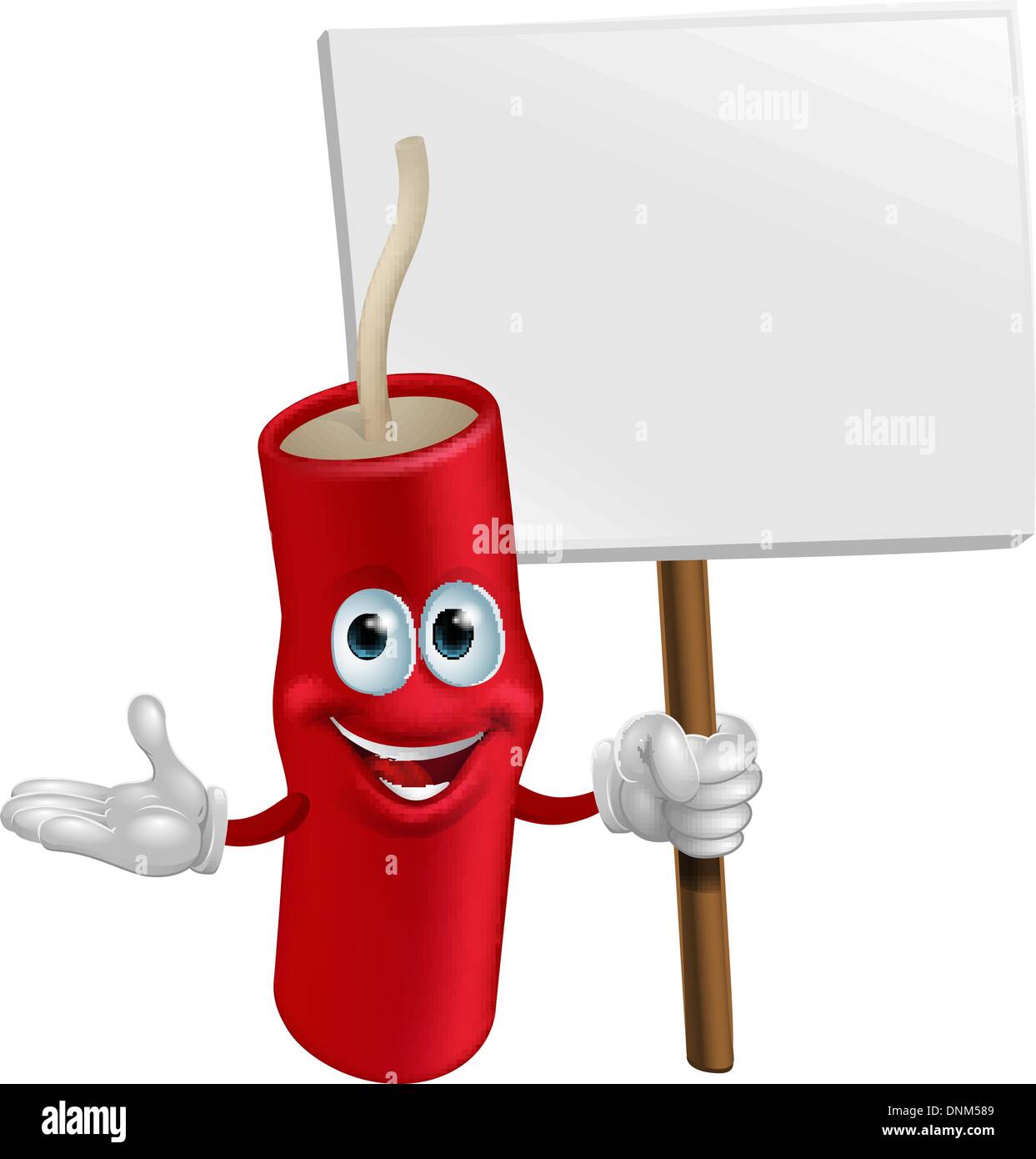 Cartoon glücklich lächelnde Dynamit-Maskottchen mit einem Schild Stock Vektor