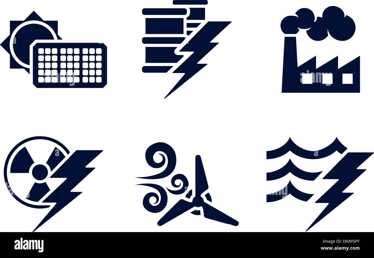 Ein Icon set mit sechs Symbole für Kraft und Energie Erzeugungsarten. Solar, fossile Brennstoffe, Kernenergie, Wind, Wasserkraft oder Wasser plu Stock Vektor
