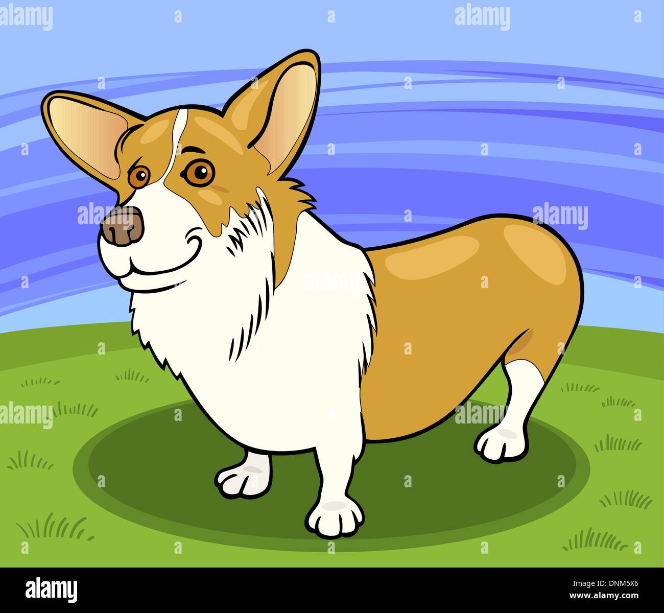 Comic-Illustration von lustigen Pembroke Welsh Corgi Hund gegen blauen Himmel und grünen Rasen Stock Vektor