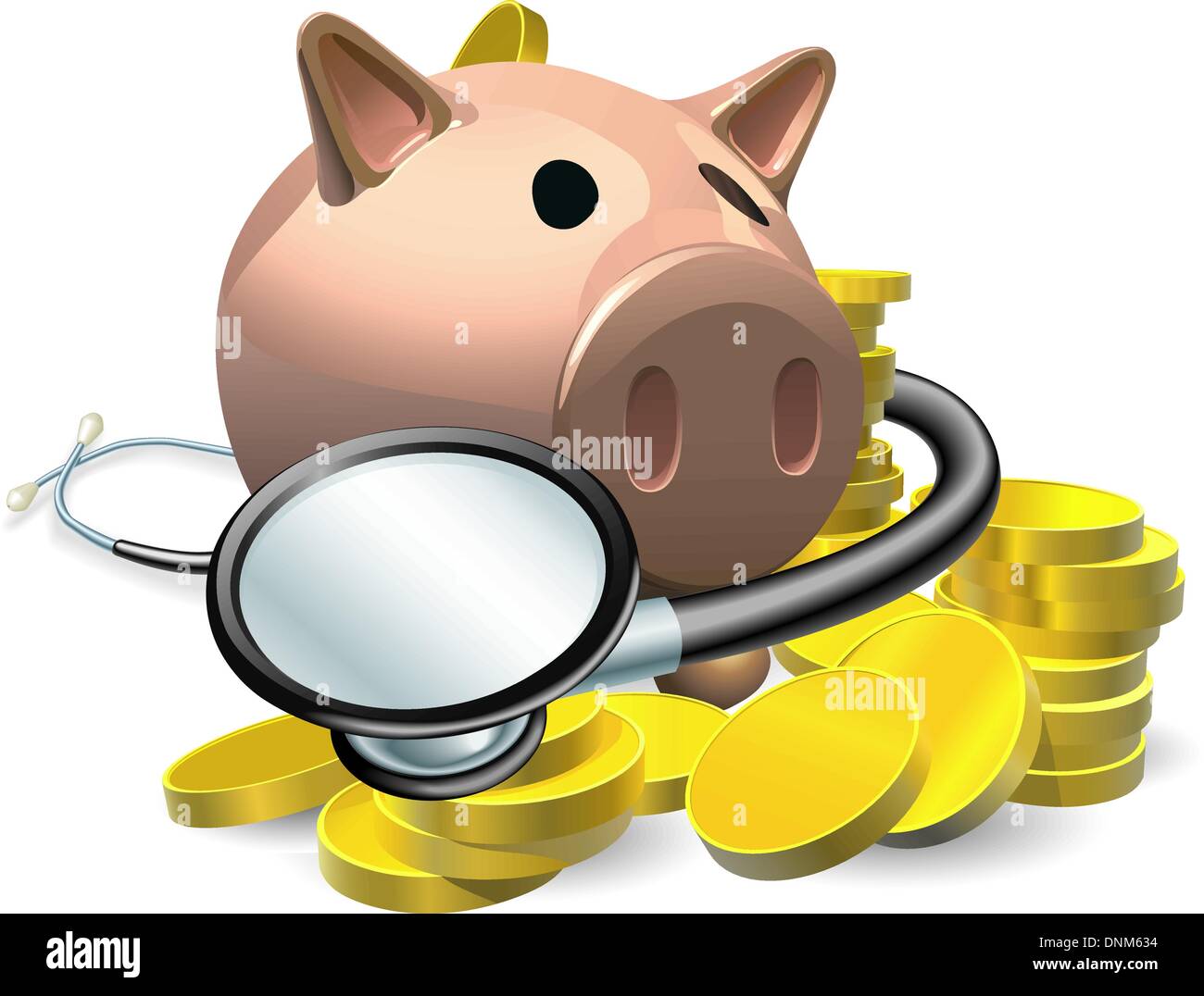 Finanzielle Gesundheit Check Konzept. Ein Sparschwein mit Münzen und Stethoskop verpackt um sie herum. Stock Vektor