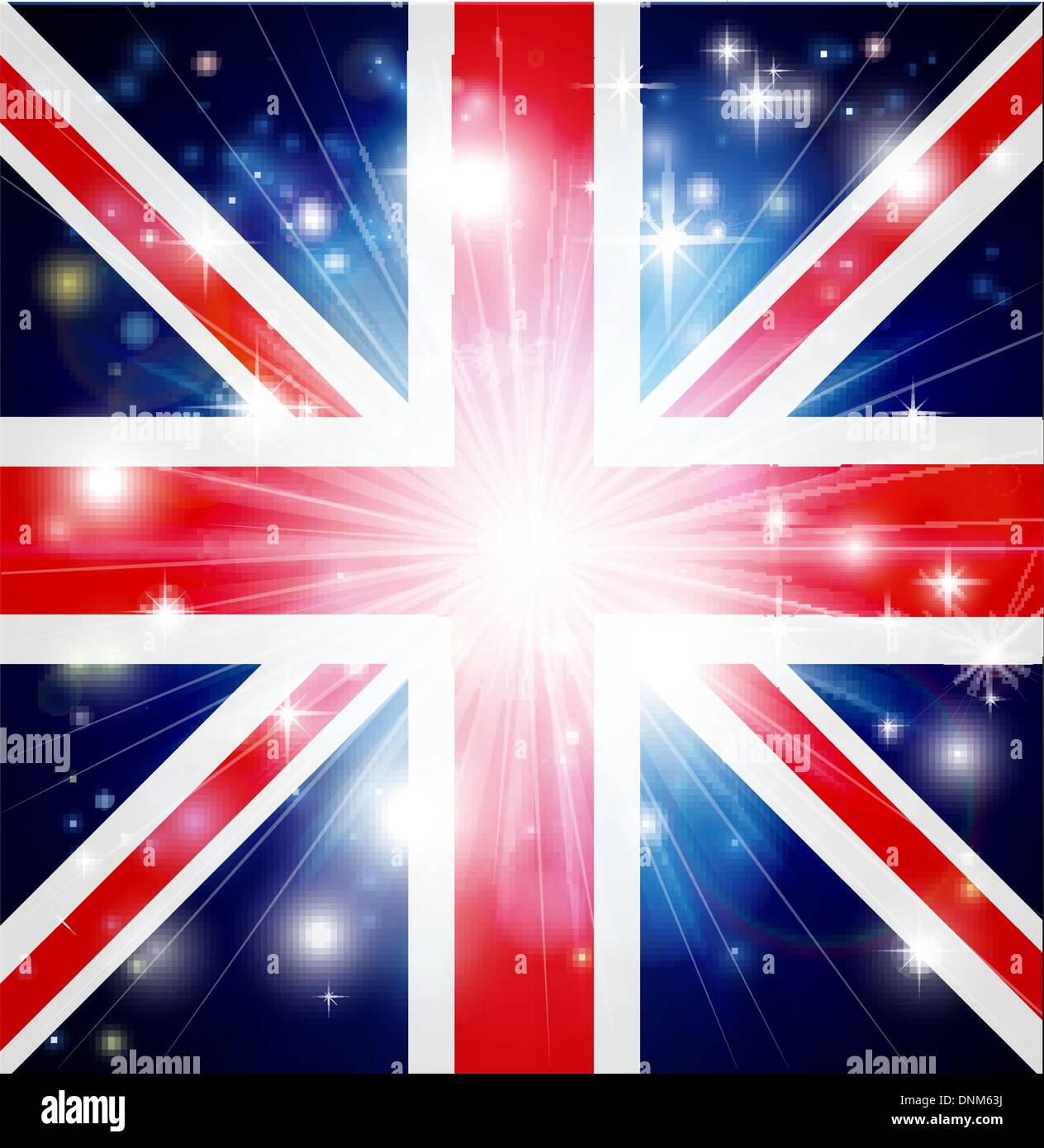 Union Jack-Flagge des Vereinigten Königreichs Hintergrund mit pyrotechnischen oder leicht platzen und Kopie Raum in der Mitte Stock Vektor