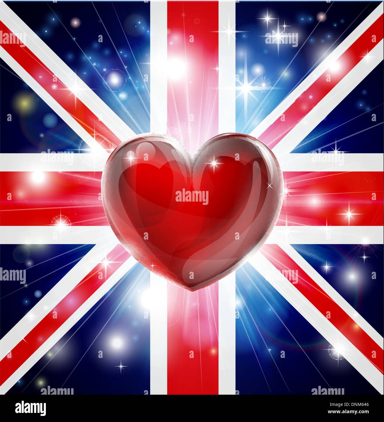 Union Jack patriotischen Hintergrund mit pyrotechnischen oder leicht platzen und Liebe Herz in der Mitte Stock Vektor