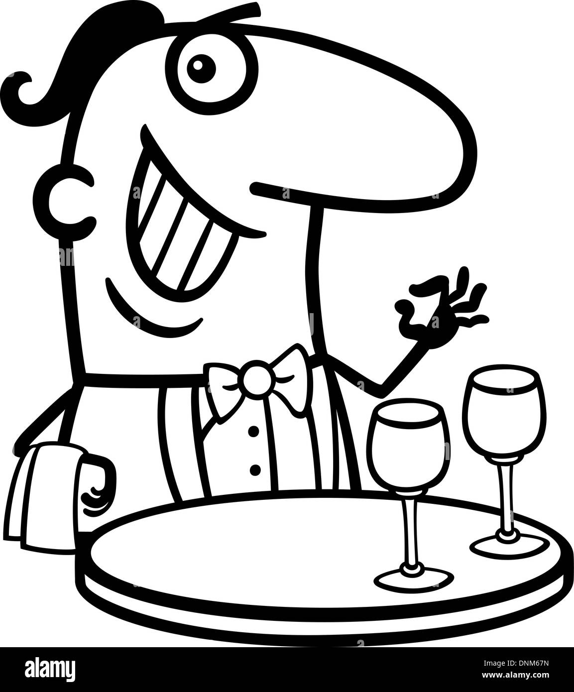 Schwarz / Weiß Cartoon Illustration der lustige männliche Kellner im Restaurant Beruf Beruf für Malbuch Stock Vektor