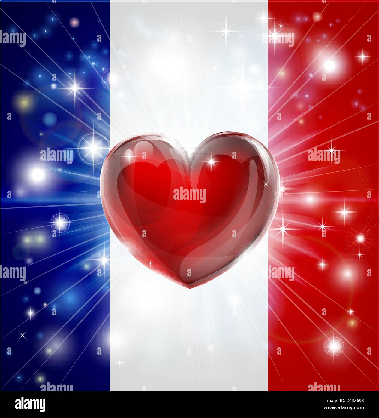 Flagge von Frankreich patriotischen Hintergrund mit pyrotechnischen oder leicht platzen und Liebe Herz in der Mitte Stock Vektor