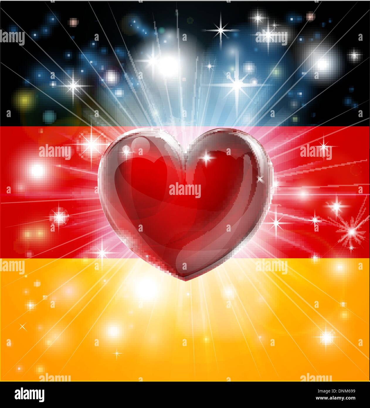 Flagge von Deutschland patriotischen Hintergrund mit pyrotechnischen oder leicht platzen und Liebe Herz in der Mitte Stock Vektor