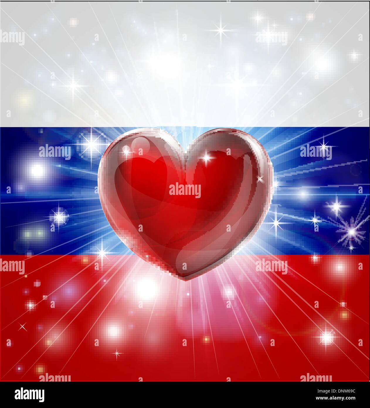Flagge von Russland patriotischen Hintergrund mit pyrotechnischen oder leicht platzen und Liebe Herz in der Mitte Stock Vektor