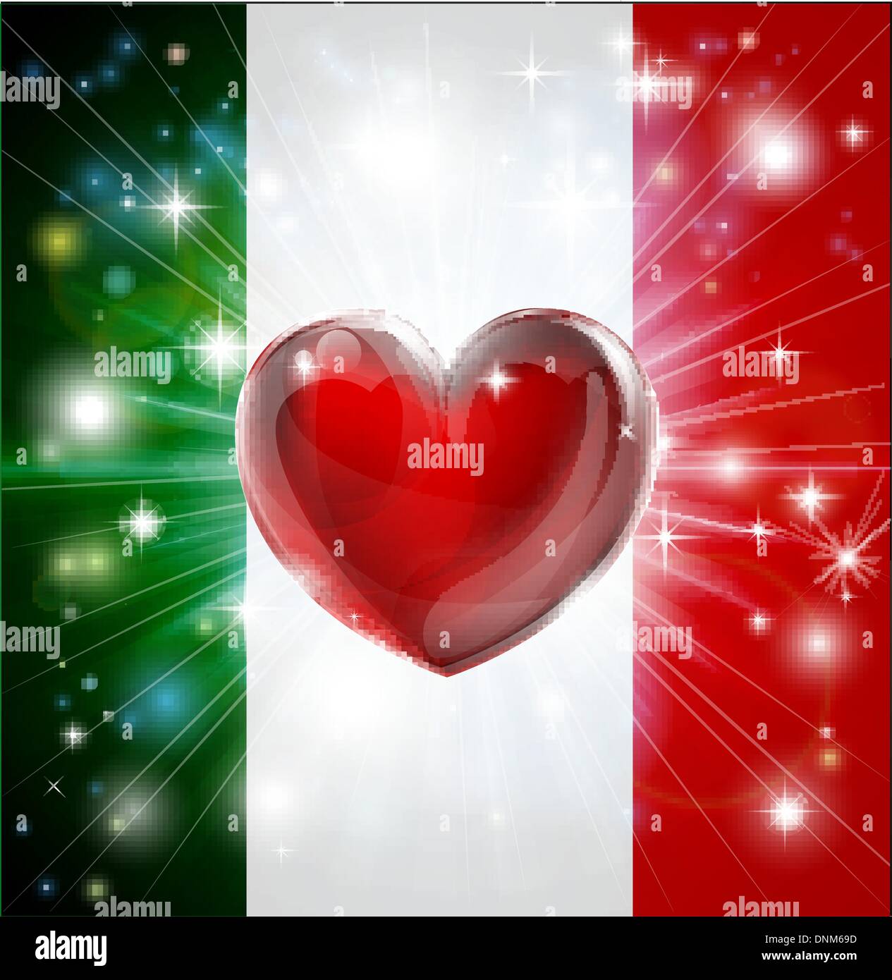 Flagge von Italien patriotischen Hintergrund mit pyrotechnischen oder leicht platzen und Liebe Herz in der Mitte Stock Vektor