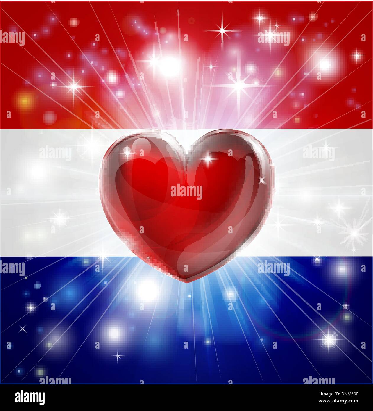 Flagge der Niederlande patriotischen Hintergrund mit pyrotechnischen oder leicht platzen und Liebe Herz in der Mitte Stock Vektor