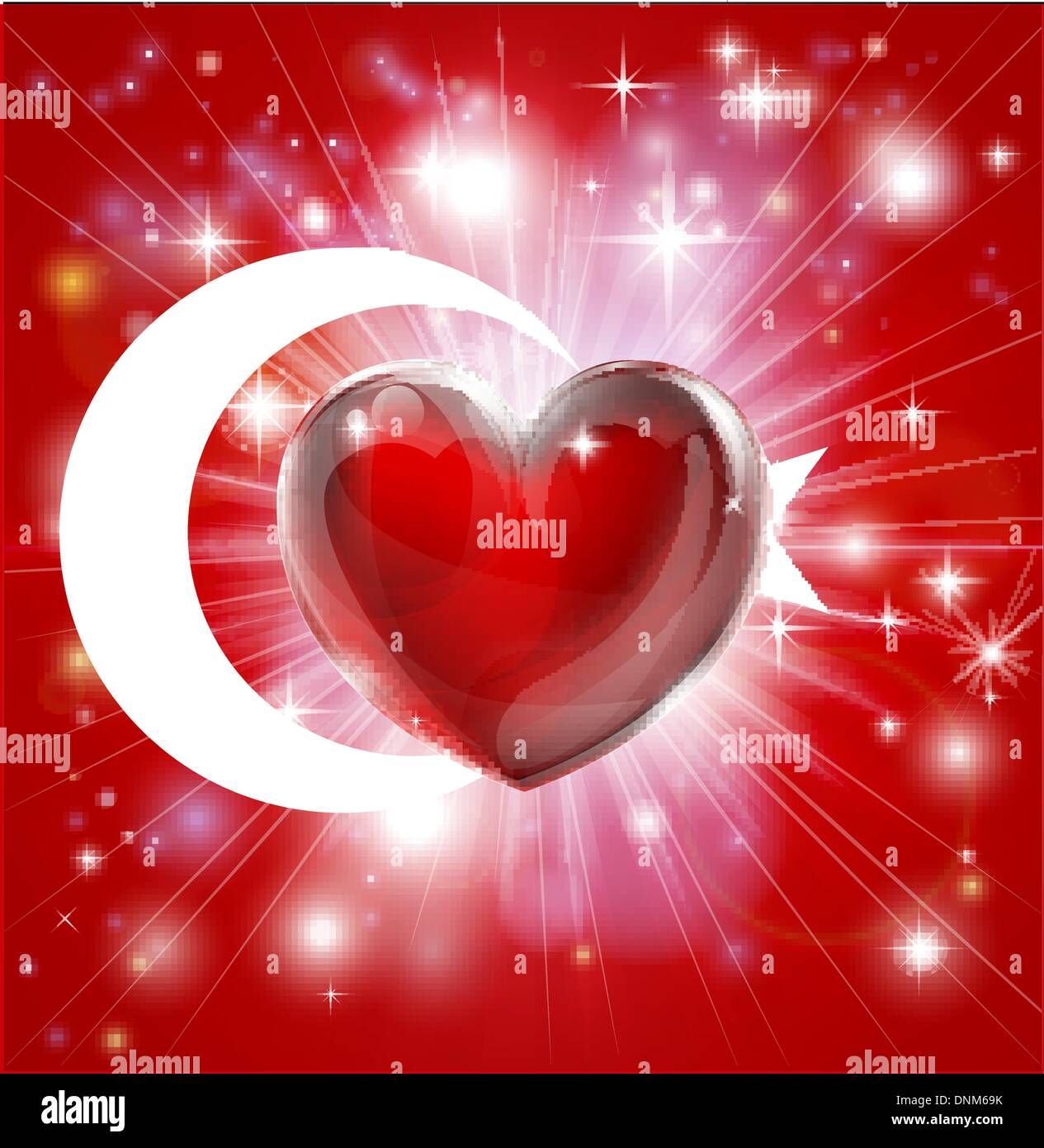 Flagge der Türkei patriotischen Hintergrund mit pyrotechnischen oder leicht platzen und Liebe Herz in der Mitte Stock Vektor