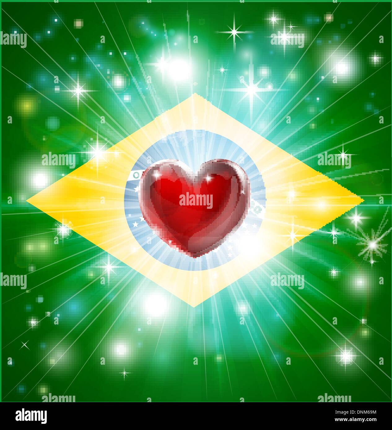 Flagge von Brasilien patriotischen Hintergrund mit pyrotechnischen oder leicht platzen und Liebe Herz in der Mitte Stock Vektor