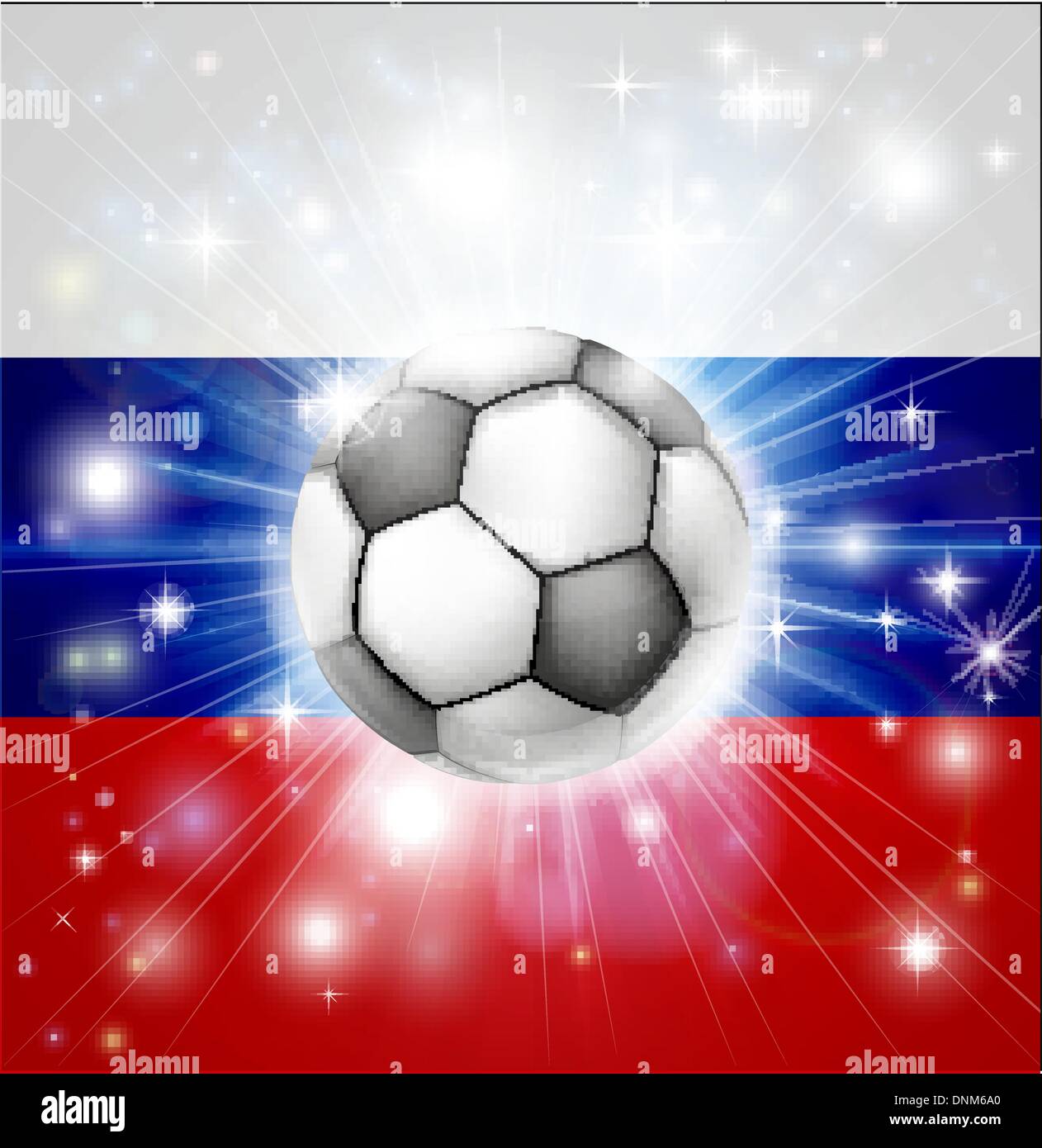 Flagge von Russland Fußball Hintergrund mit pyrotechnischen oder leicht platzen und Fußball Fußball-Ball in der Mitte Stock Vektor