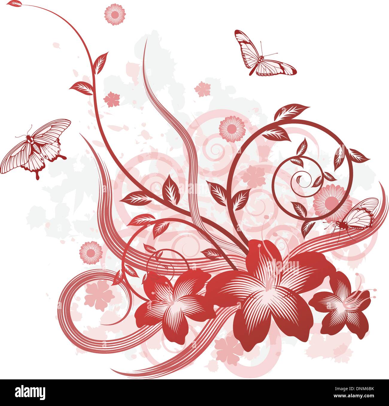 Eine detaillierte schöne Blumenkarte Design mit Schmetterlingen. Stock Vektor