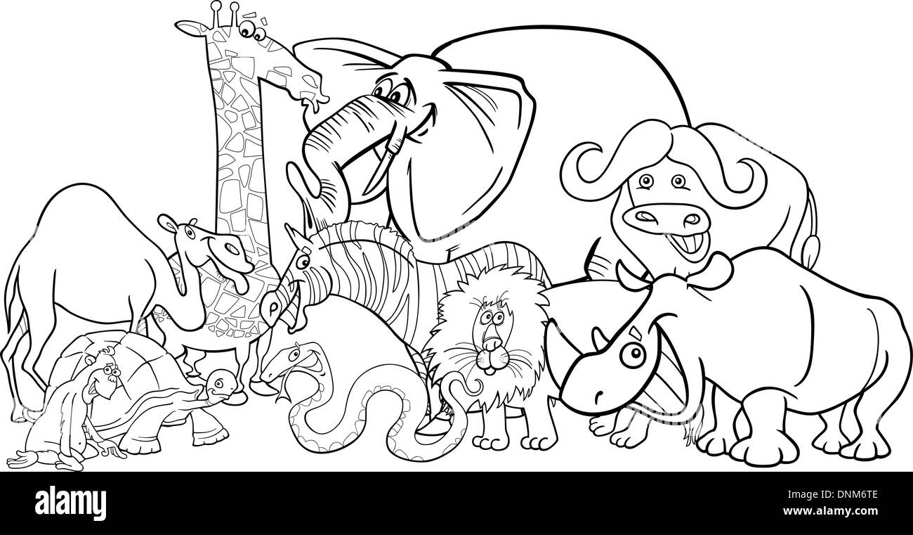 Schwarz Weiss Cartoon Illustration Lustig African Safari Wilde Tiere Gruppe Fur Malbuch Stock Vektorgrafik Alamy