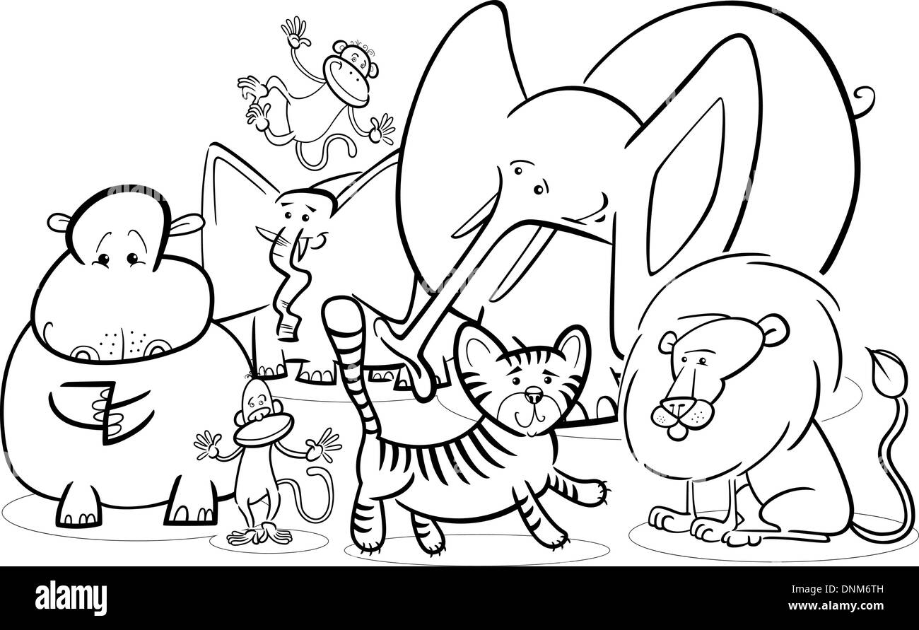 Schwarz Weiss Cartoon Illustration Von Niedlichen Afrikanischen Safari Wilde Tiere Gruppe Fur Malbuch Stock Vektorgrafik Alamy