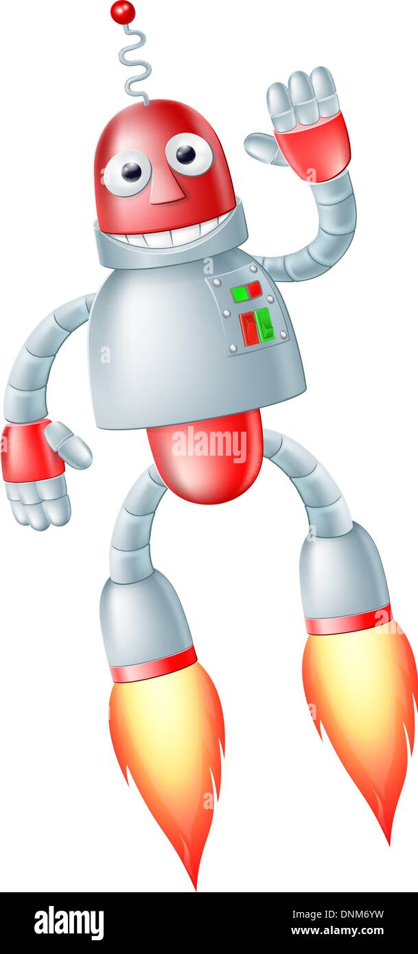 Niedliche fliegende Rote und silberne Roboter glücklich mit Boostern auf seinen Füßen auszuziehen und winken Stock Vektor