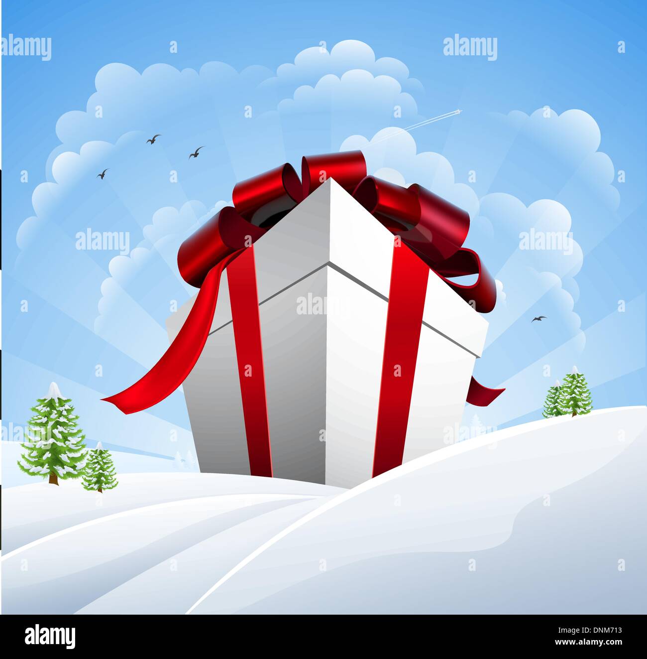 Ein riesiges Weihnachtsgeschenk im Schnee. Konzept für eine große Weihnachtsverkauf. Stock Vektor