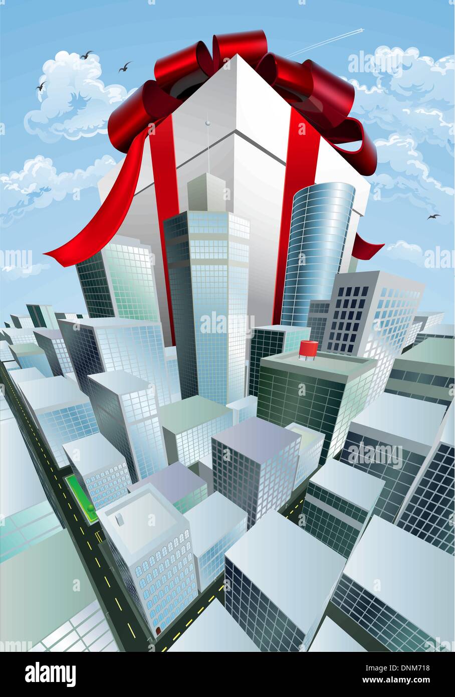 Ein riesiges Geschenk. Konzeptionelle Darstellung der riesige Geschenk mit Schleife, die eine Stadt überragt. Könnte eine massive Verkauf oder Schnäppchen darstellen. Stock Vektor