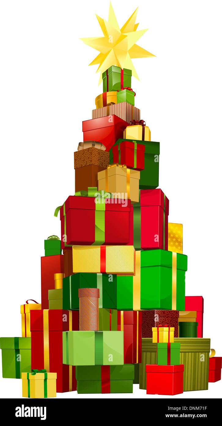 Abbildung aus einem Stapel von Geschenke häuften sich in Form eines Weihnachtsbaum mit Stern auf der Spitze Stock Vektor