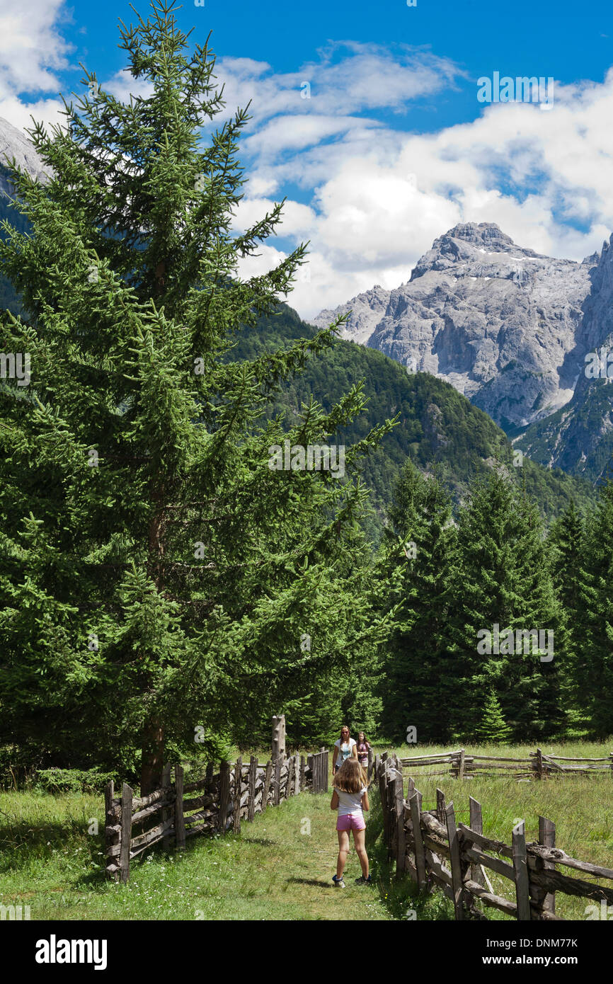 Familie auf Spaziergang in Trenta Tal. Slowenien. Stockfoto