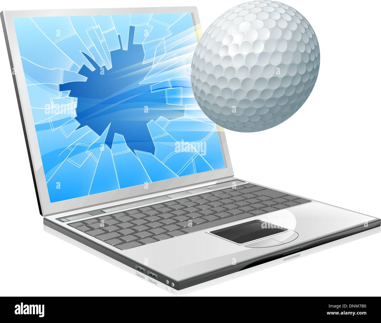 Abbildung eines Golfballs aus einem defekten Laptop-Computer-Bildschirm fliegen Stock Vektor