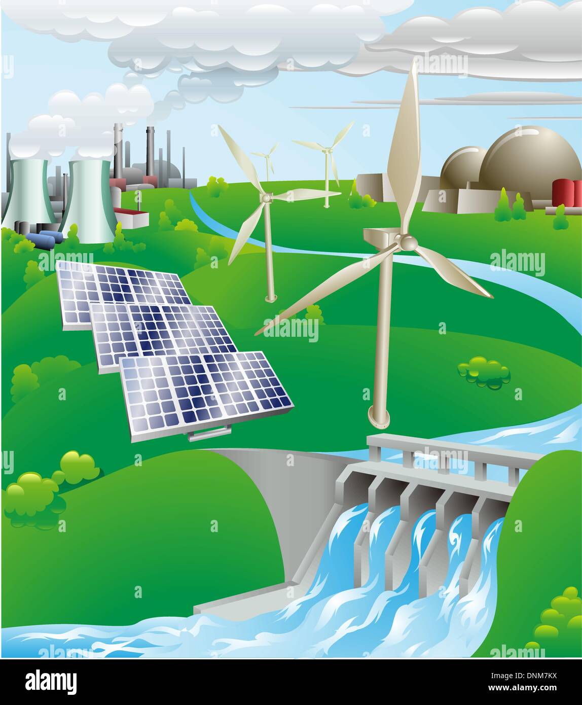 Konzeptionelle Darstellung, die viele verschiedene Arten von Energieerzeugung, einschließlich der nuklearen und fossilen Brennstoff, Windkraft, Rückbau Stock Vektor