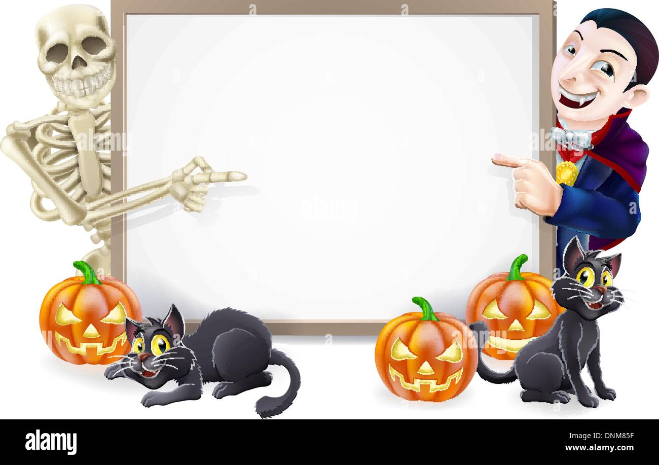 Halloween Schild oder Banner mit orange Halloween-Kürbisse und schwarze Hexe Katzen, Hexe Besen Stick und Cartoon Skelett und vam Stock Vektor