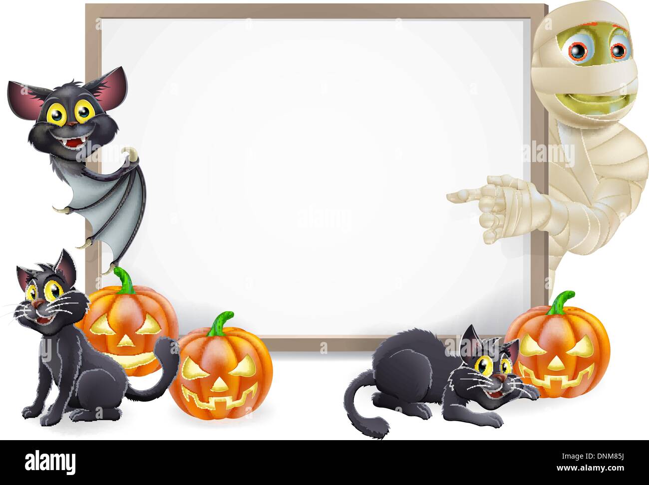 Halloween Schild oder Banner mit orange Halloween-Kürbisse und schwarze Hexe Katzen, Hexe Besen Stick und Cartoon Mumie und vampir Stock Vektor