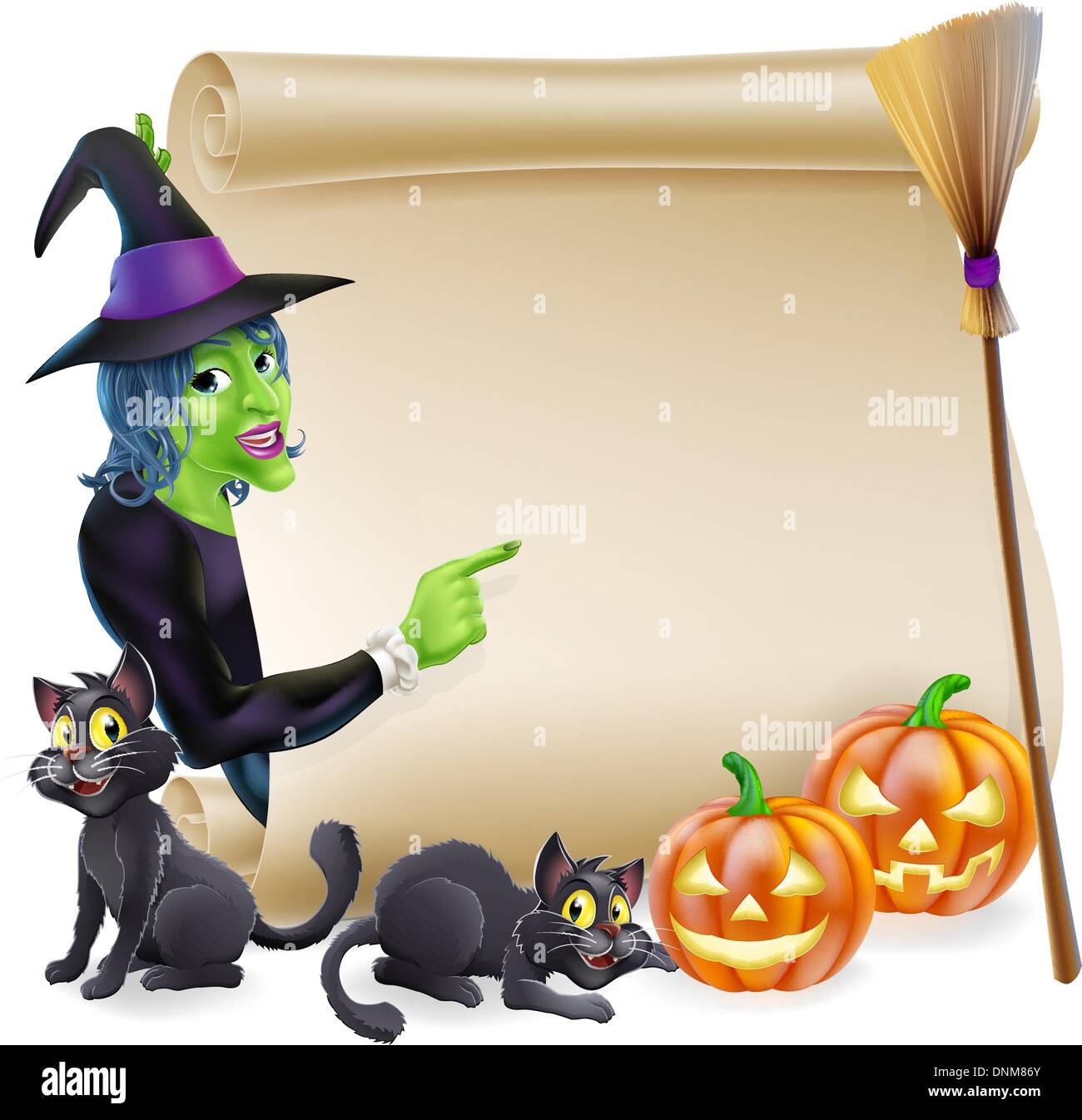 Halloween-Scroll oder Banner-Schild mit Orange Halloween geschnitzten Kürbisse und schwarze Hexe Katzen, die Hexenbesen bleiben und cartoon-wi Stock Vektor