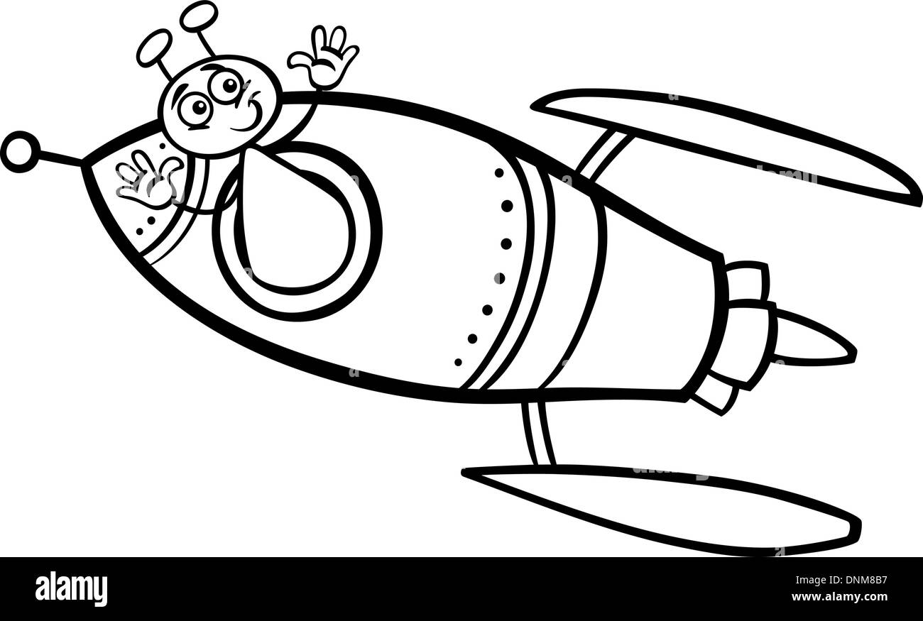 Schwarz / Weiß Cartoon Illustration von lustigen Alien oder Martian Comic-Figur in der Rakete oder Raumschiff, Malbuch Stock Vektor