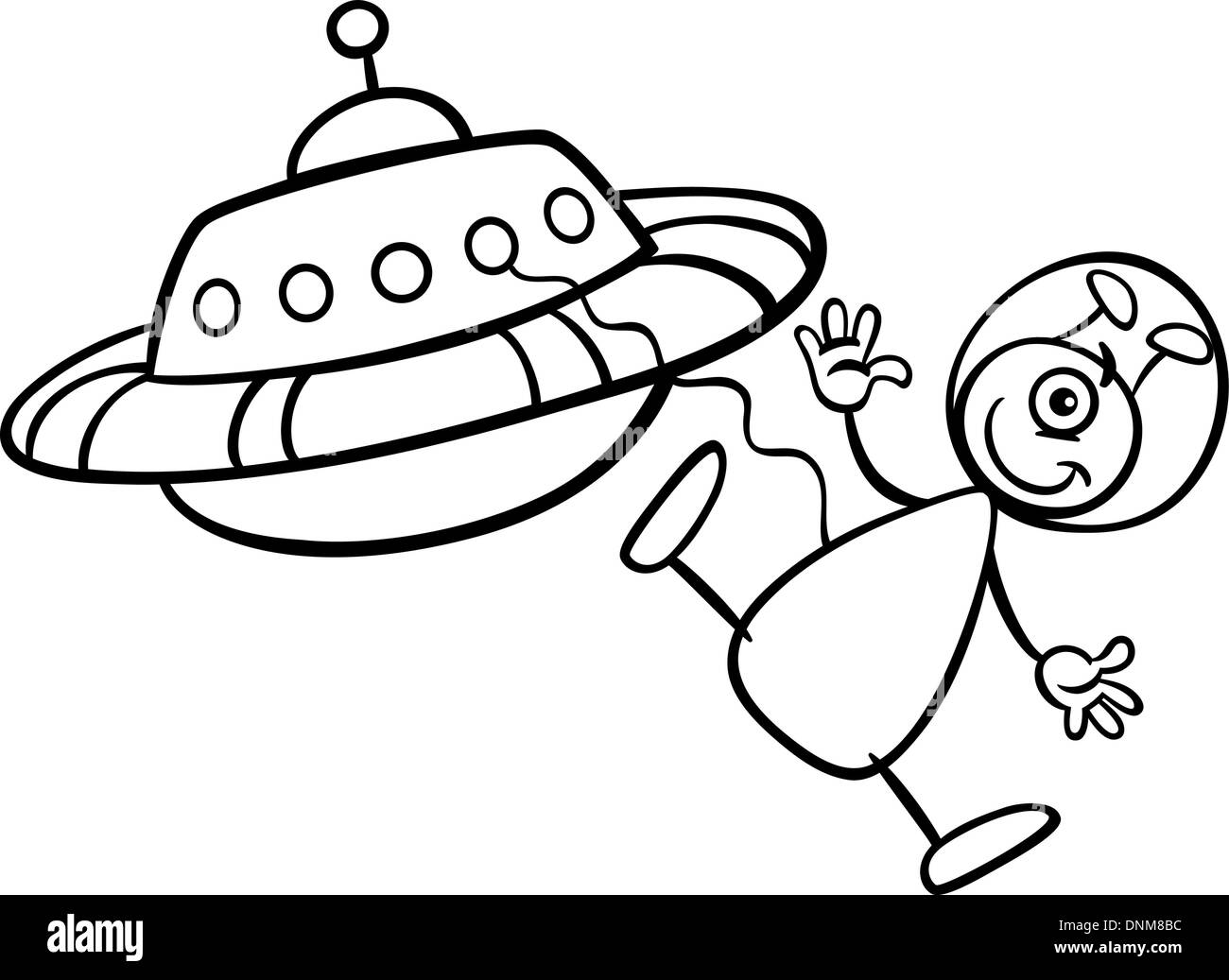 Schwarz / Weiß Cartoon Illustration von lustigen Alien oder Martian Comic-Figur mit Raumschiff oder Ufo für Malbuch Stock Vektor