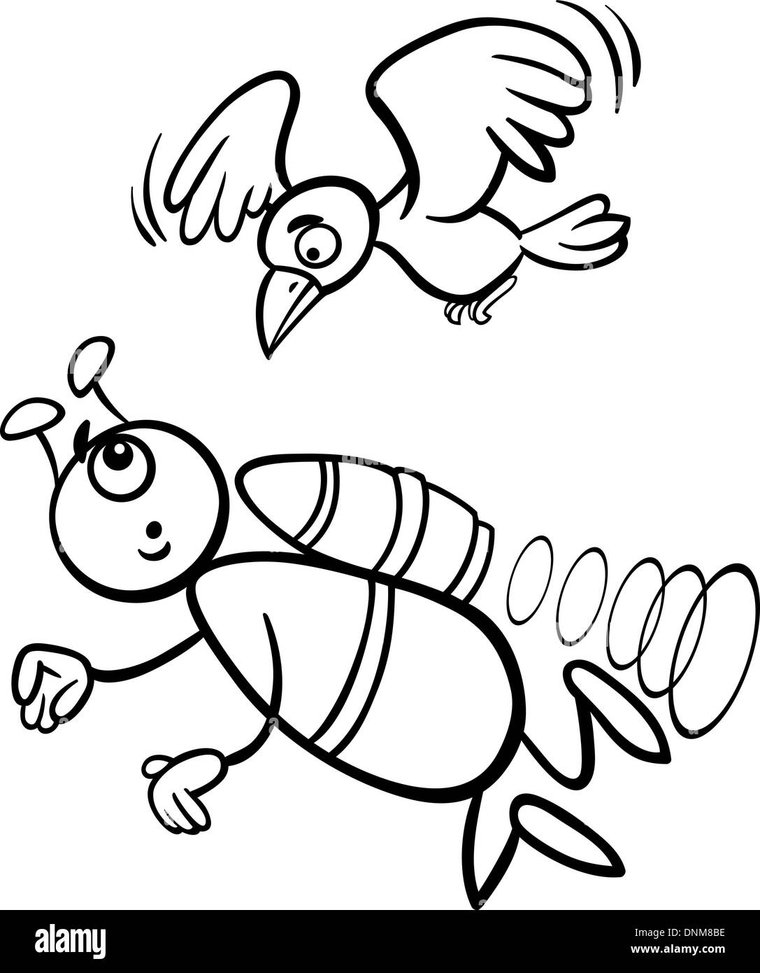 Schwarz / Weiß Cartoon Illustration von lustigen Alien oder Martian Comicfigur für Malbuch mit Vogel fliegen Stock Vektor