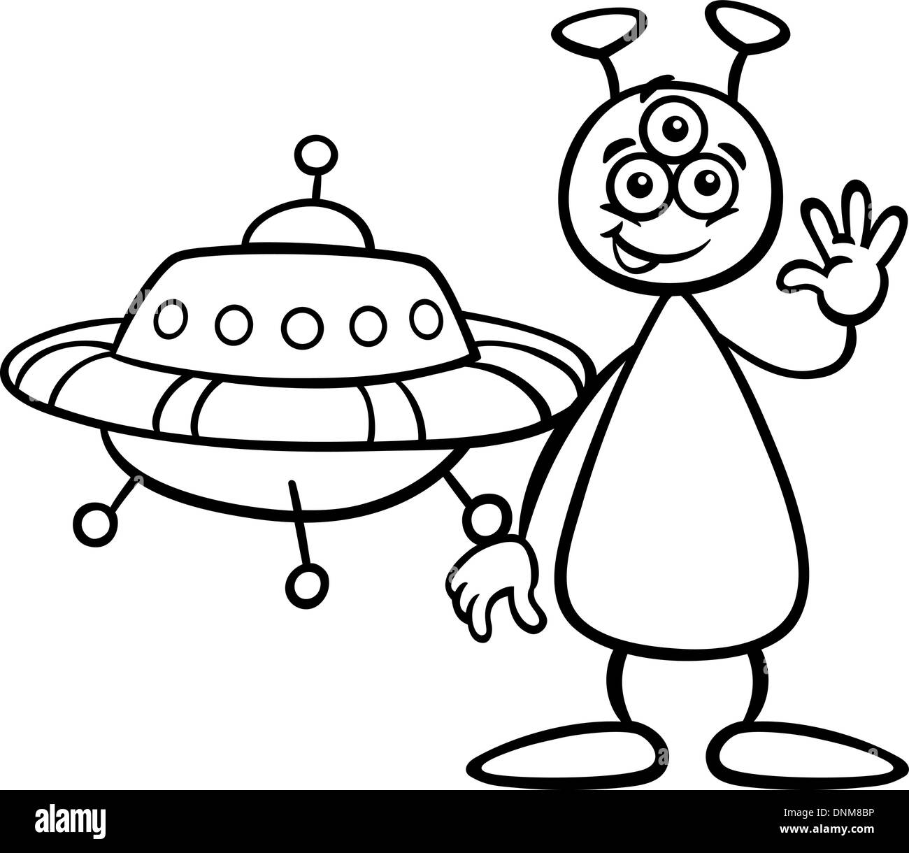 Schwarz / Weiß Cartoon Illustration von lustigen Alien oder Martian Comic-Figur mit Ufo oder Raumschiff für Malbuch Stock Vektor