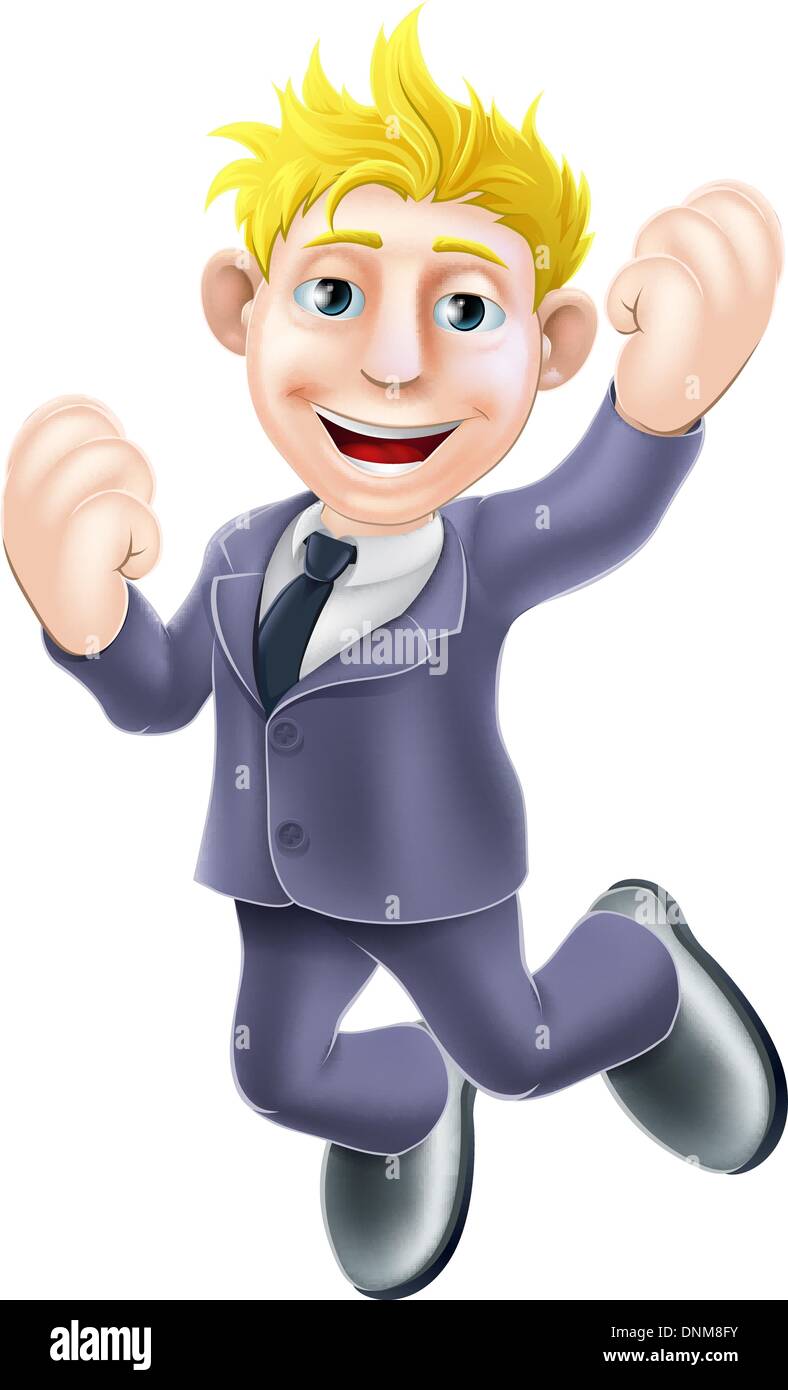Ein Cartoon Geschäftsmann im Anzug glücklich in die Luft springen Stock Vektor
