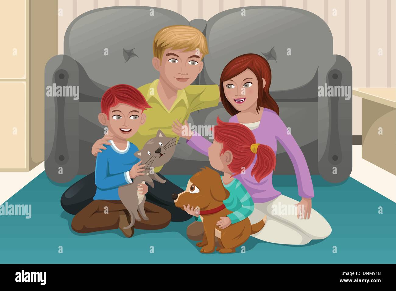 Eine Vektor-Illustration der glückliche Familie zusammen mit ihren Haustieren spielen Stock Vektor