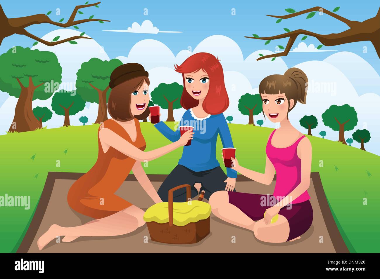 Eine Vektor-Illustration der Gruppe junger Frauen mit Picknick in einem Park zusammen Stock Vektor