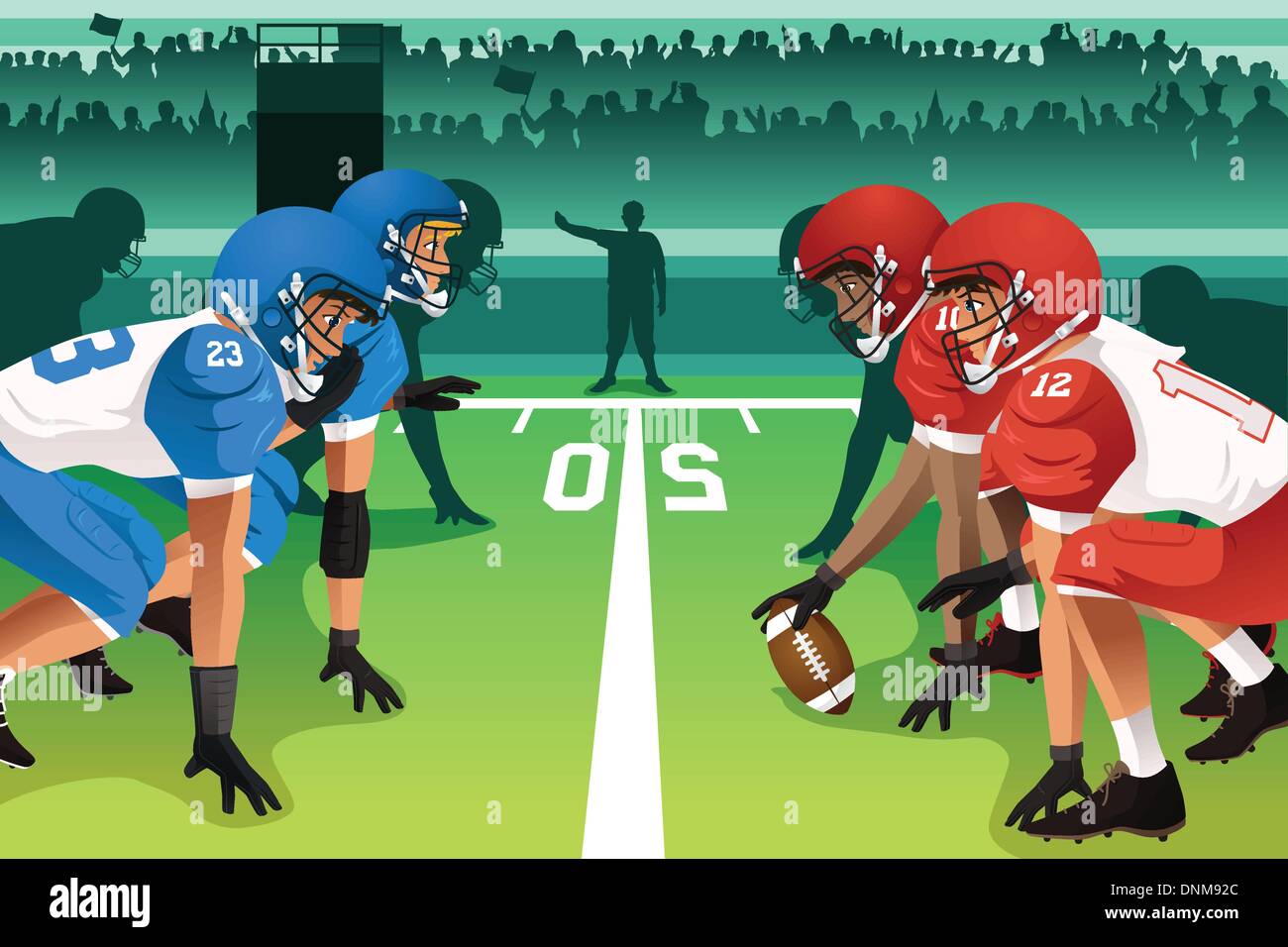 Eine Vektor-Illustration von Fußballspielern in einem Spiel in einem Stadion Stock Vektor