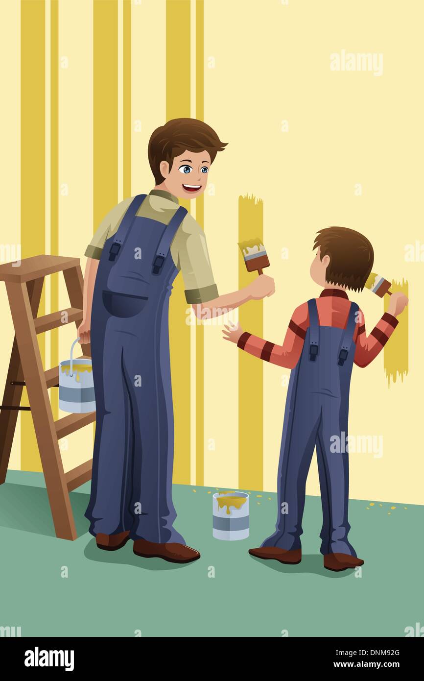 Eine Vektor-Illustration von Vater und Sohn Malerei eine Wand zu Hause zusammen Stock Vektor