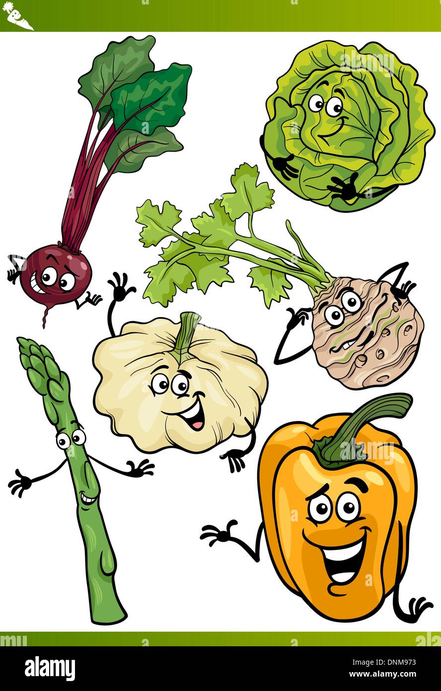 Cartoon-Illustration der glücklich Gemüse essen Comic-Figuren Set Stock Vektor