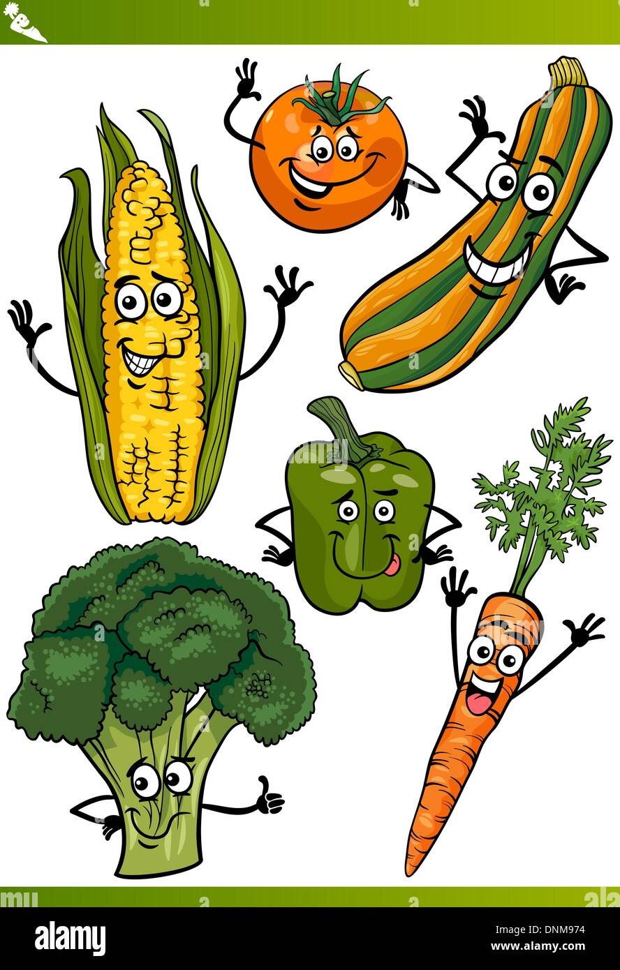Cartoon-Illustration der glücklich Gemüse essen Comic-Figuren Set Stock Vektor