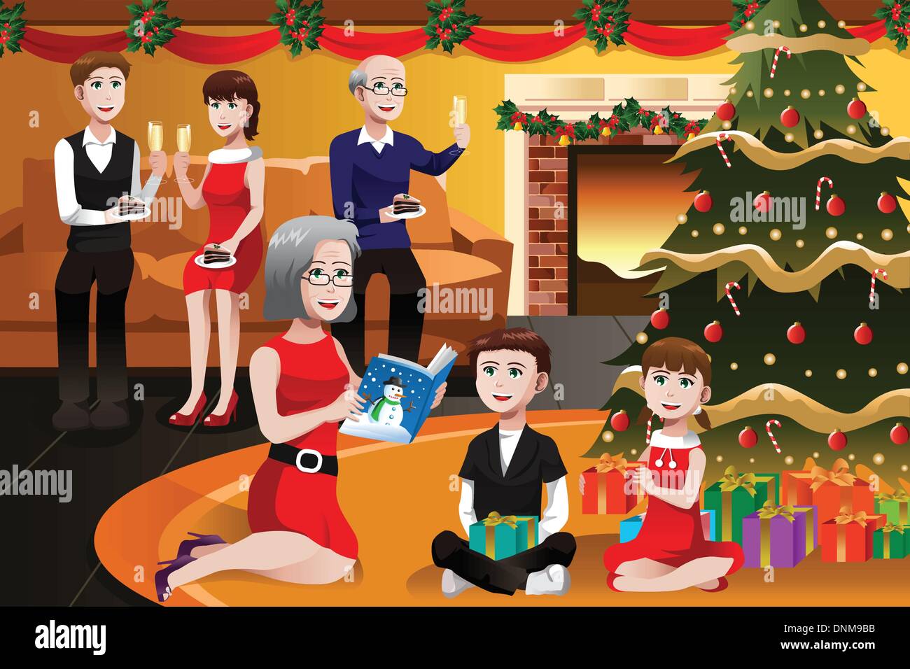 Eine Vektor-Illustration der glückliche Familie, die zusammen eine Weihnachtsfeier Stock Vektor
