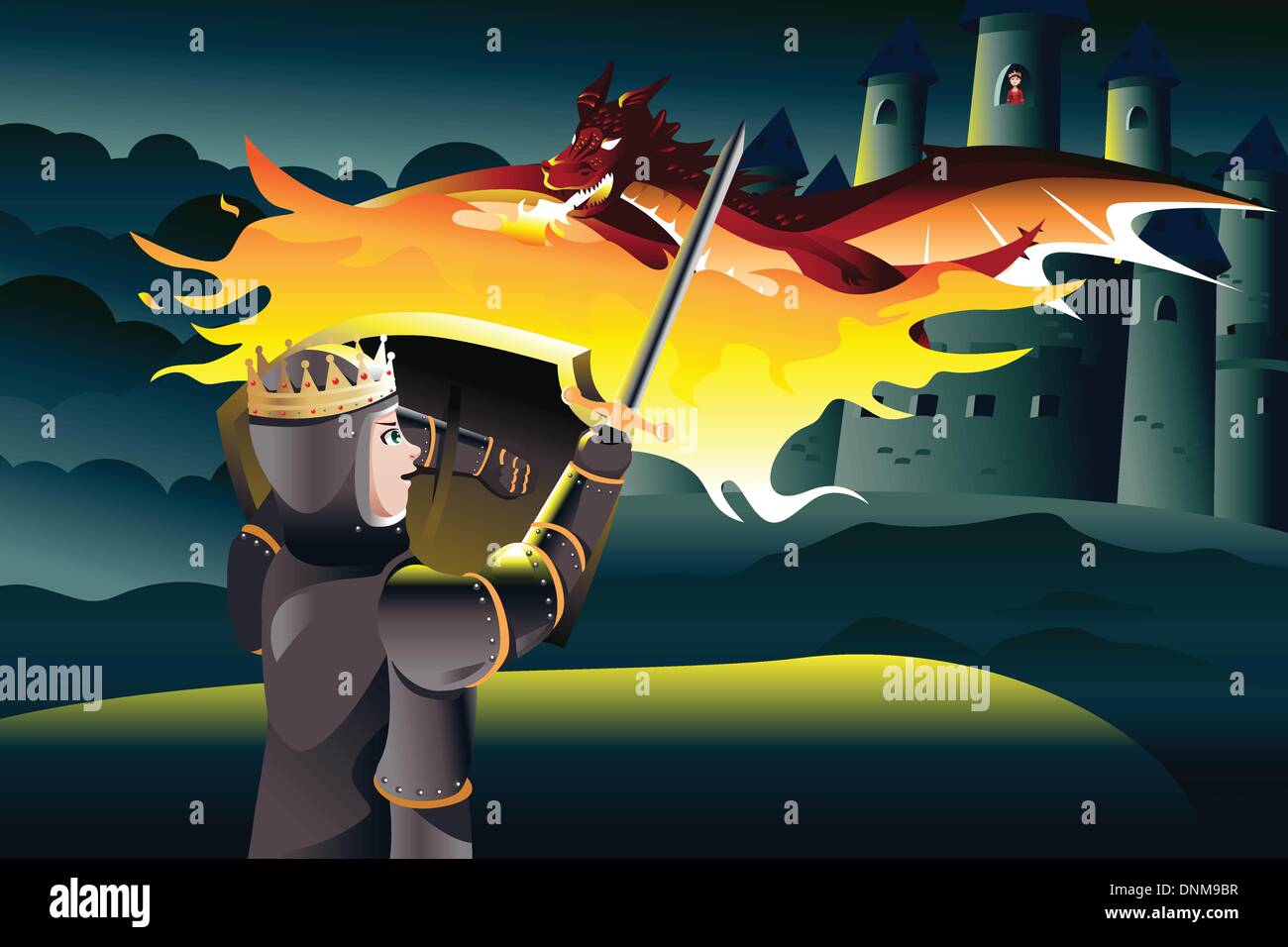 Eine Vektor-Illustration eines klassischen Kinder-Geschichte eines Prinzen, die versuchen, eine Prinzessin zu retten in einem Turm einer Burg bewacht gefangen Stock Vektor