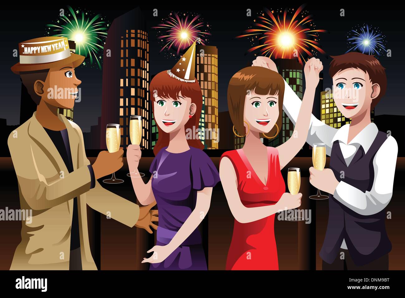 Eine Gruppe junger Leute feiert Neujahr Vektor-illustration Stock Vektor