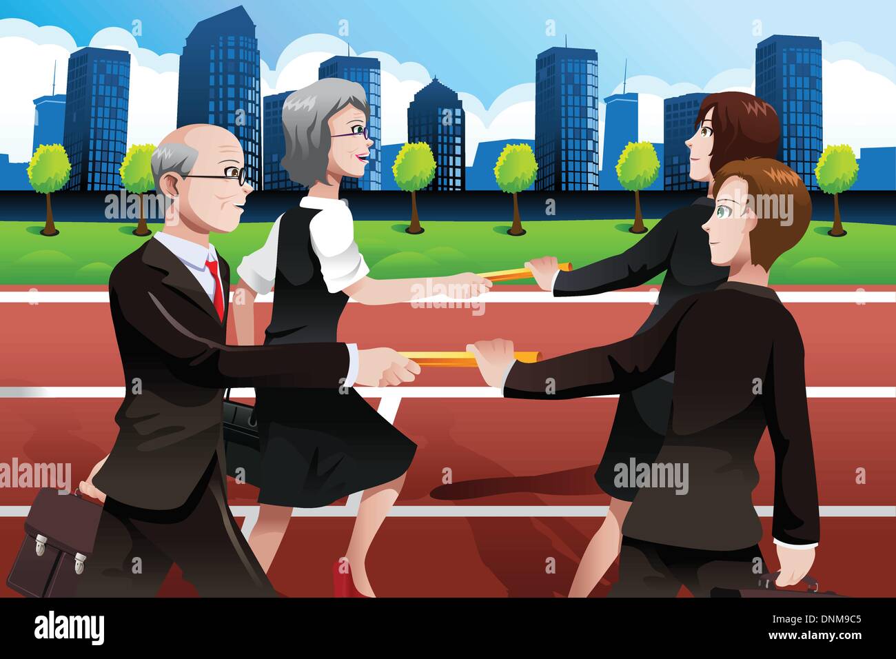 Eine Vektor-Illustration von älteren Geschäftsleuten Schlagstöcke an die jüngere Generation übergeben Stock Vektor