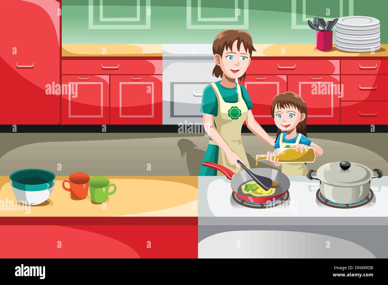 Eine Vektor-Illustration von Mutter und Tochter in der Küche Stock Vektor