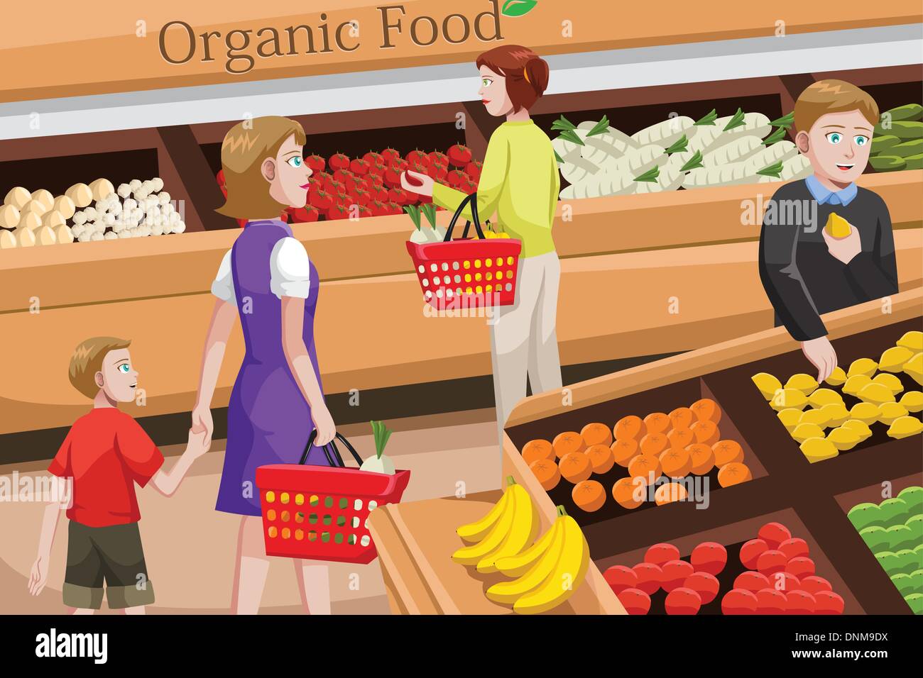 Eine Vektor-Illustration von Menschen, die Einkaufen bei einem Bio-Lebensmittel-Gang in einem Lebensmittelgeschäft Stock Vektor