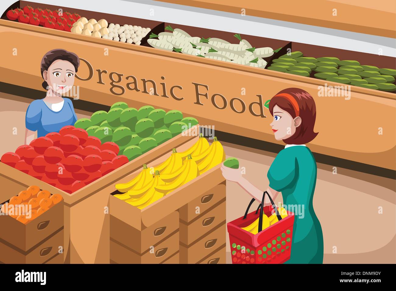 Eine Vektor-Illustration von Menschen, die Einkaufen bei einem Bio-Lebensmittel-Gang in einem Lebensmittelgeschäft Stock Vektor