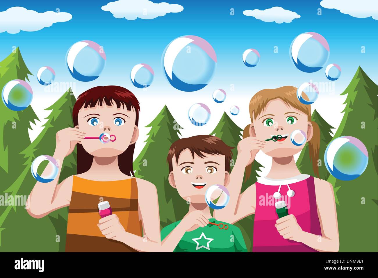 Eine Vektor-Illustration der glückliche Kinder Seifenblasen mit Exemplar im park Stock Vektor